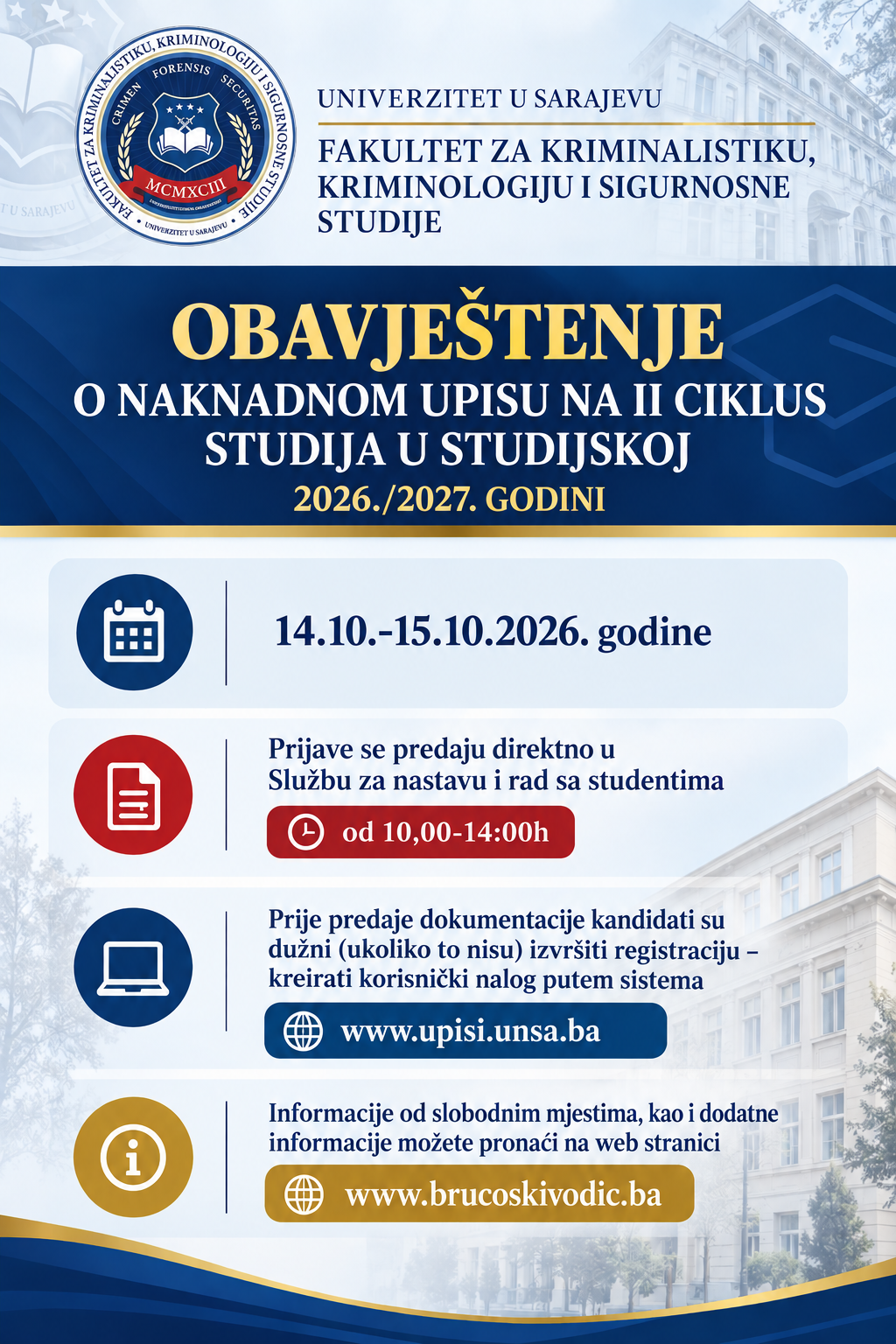 Naknadni upis na II ciklus studija 2026/2027